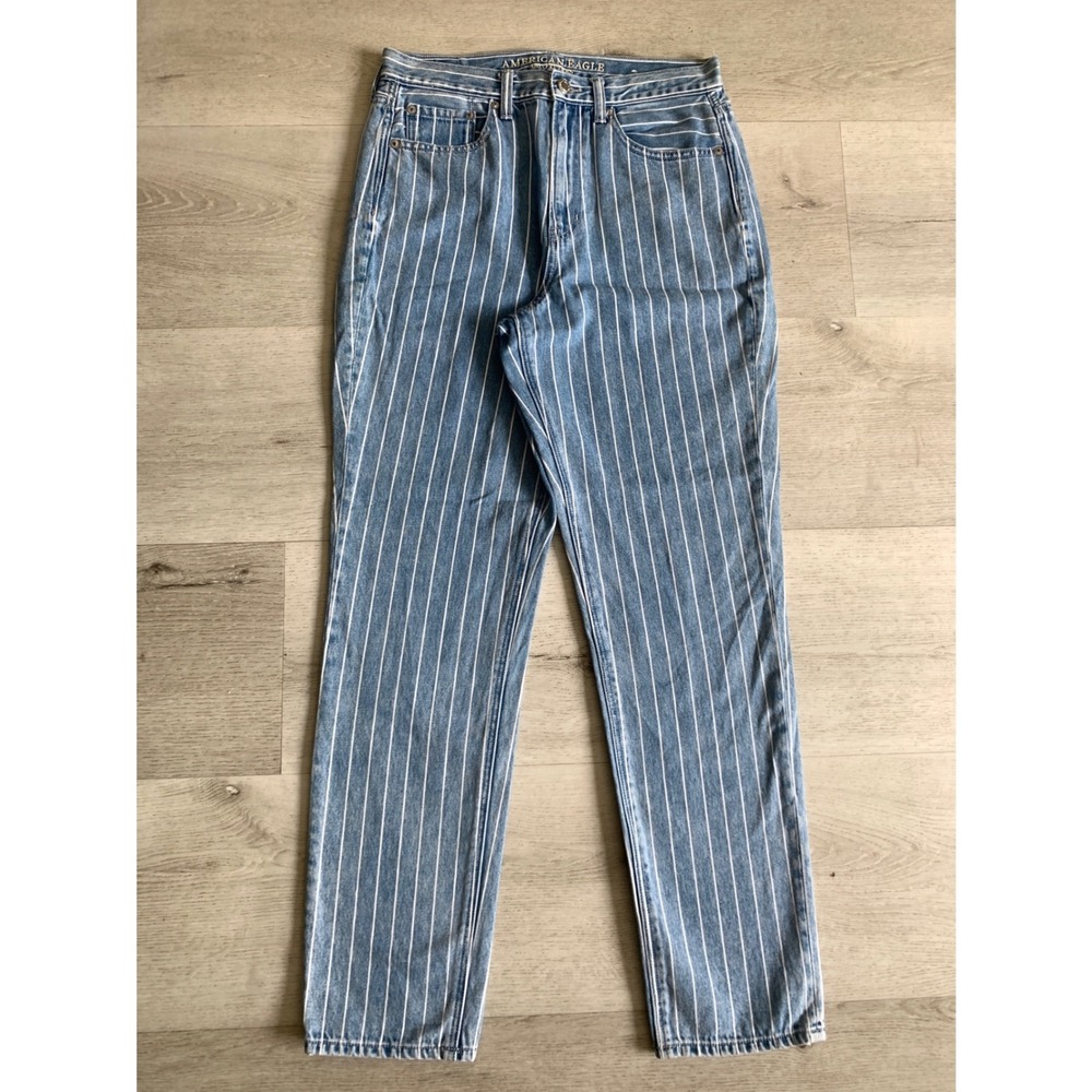 American Eagle Pinstripe Mom Jeans Blue White Striped Denim High Rise 6 Long